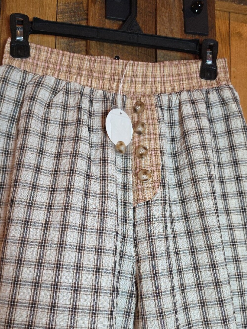 207p Oddi Plaid Ruffle Hem Pants - Cream Brown - Picture 4 of 16